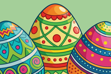 Colorful decorated Easter eggs in a minimal vector illustration showcasing vibrant patterns against a soft green background
