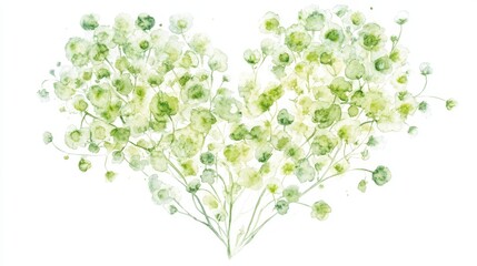 Elegant watercolor illustration featuring a heart shaped arrangement of delicate light green gypsophilia flowers with intricate shading
