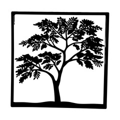 Silhouette of a tree with leaves inside of a square frame design