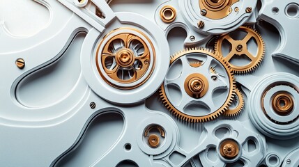 Intricate arrangement of golden gears and clockwork mechanisms showcasing craftsmanship and design elegance