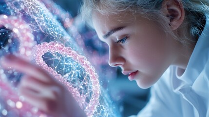 A woman is looking at a computer screen with a pink and blue image of a cell