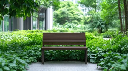 Fototapeta premium Empty park bench, lush greenery