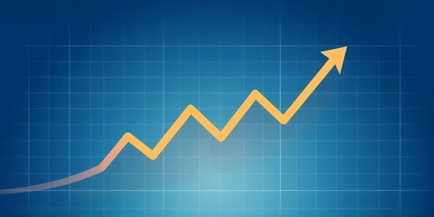 Naklejka premium An upward trending yellow arrow on a blue grid background indicating positive growth and progress