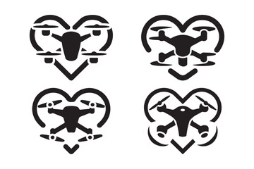 Drone Heart Icon Set Love Drone Flying Vector Silhouettes
