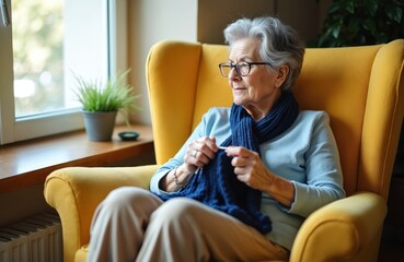 Elderly woman wearing eyeglasses knitting warm blue scarf indoors. Grandmother sits in yellow armchair, looks pensively through window. Happy retirement, hobby, leisure, senior people, cozy home