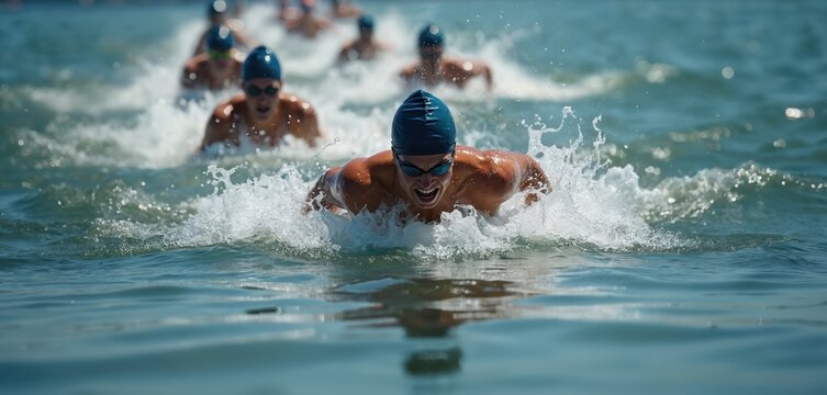Male athletes swim freestyle in ocean competition. Group of sportsmen start race. People wear goggles, swim caps. Water splashes. Professional sports event, open water swimming. Healthy lifestyle.