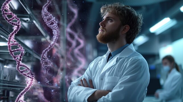 A man in a lab coat is looking at a computer screen with DNA strands on it - Powered by Adobe