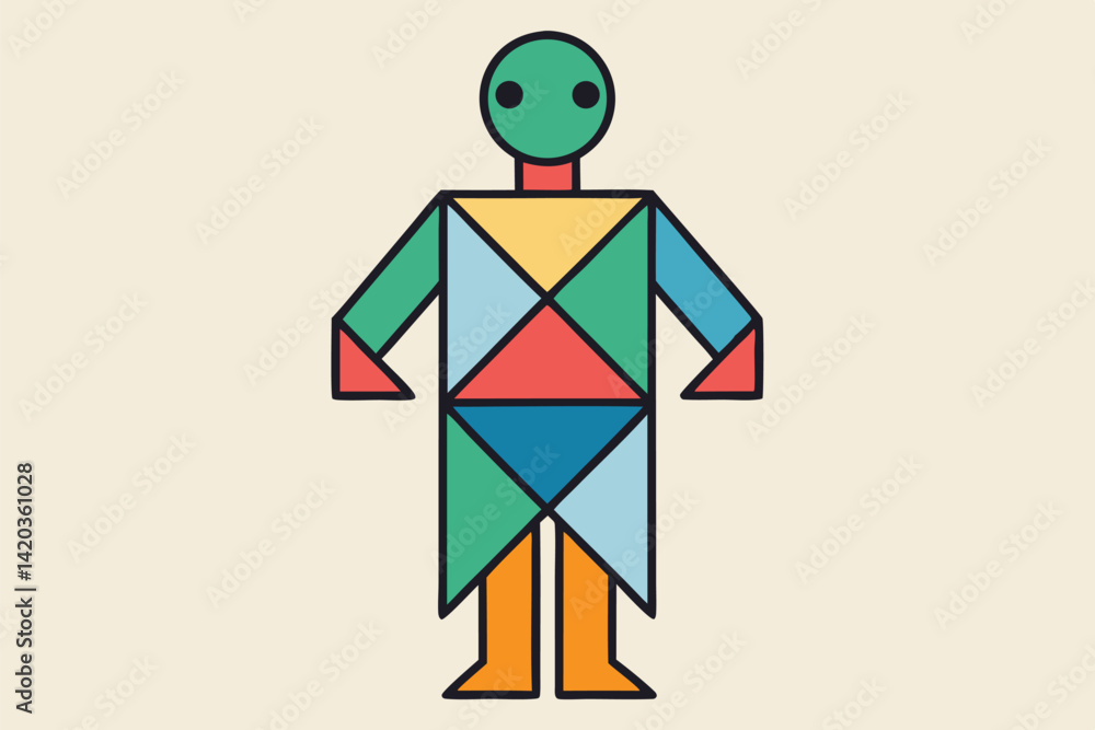Poster colorful geometric figure in a minimal vector style representing a person with a unique design and v