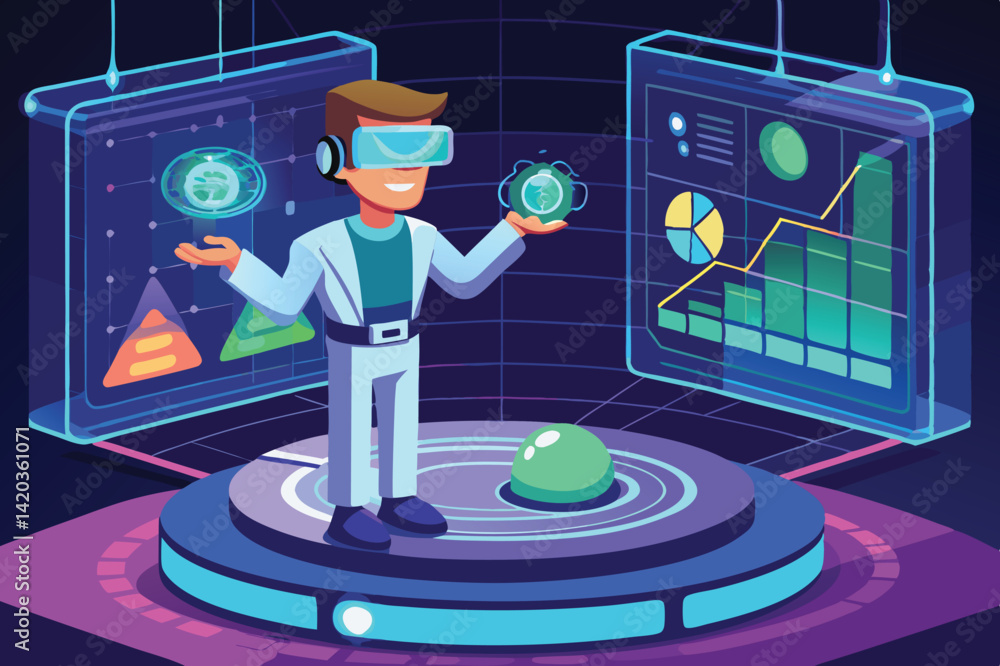Poster virtual reality exploration with a futuristic character in a data-driven environment showcasing inte