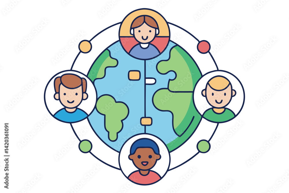 Poster diverse group of people connecting through a global network illustration showcasing unity and collab