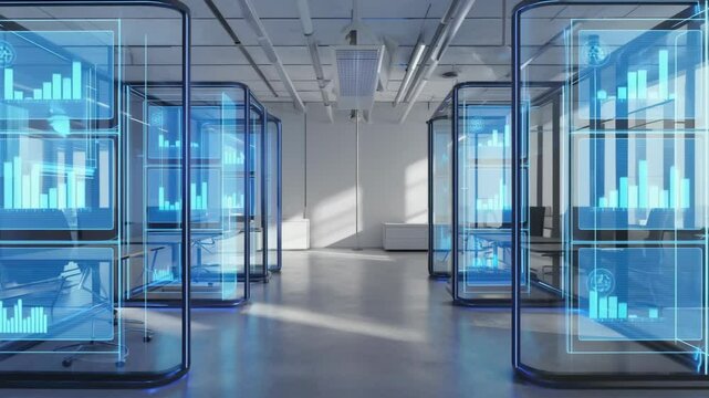 Futuristic office interior with transparent blue glass pods, minimal design, and advanced digital interfaces, representing a high-tech workspace for innovation, privacy, and modern collaboration. - Powered by Adobe