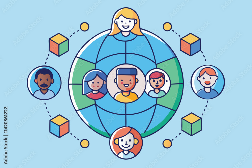 Aufkleber diverse group of people connecting through a global network illustration showcasing unity and collab