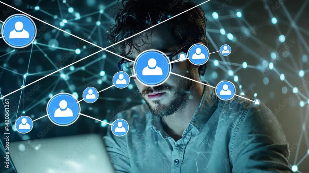 Poster caucasian man leveraging technology and connectivity while working on a laptop in a digital environm