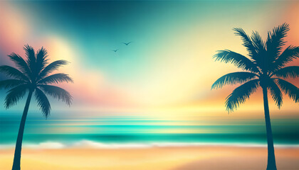 Vector Tropical Beach with Green Palm Trees Silhouettes at Sunset and Dreamy Gradient Sky with Soft Clouds