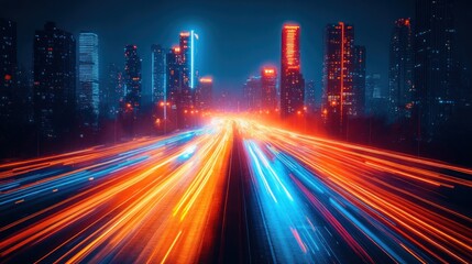 Fototapeta premium City highway light trails with night skyline