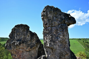 the Camel Cliff at Pilisborosjeno, Hungary. closeup view. made of soft Dolomite stone. popular landmark and tourist attraction. soft green background. light blue sky and white clouds. travel, tourism