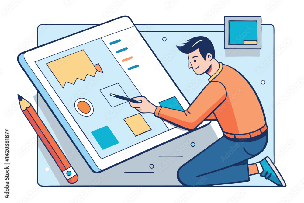 Poster vector illustration of a designer creating digital art on a large tablet in a modern workspace durin