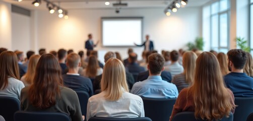 Fototapeta premium Audience view conference room. People listen presentation. Pro event, modern decor. Scandinavian design style interior. Presentation screen, speaker. Business event, seminar. Crowd watching speaker.
