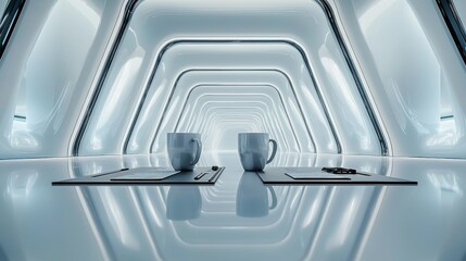 Modern cafe interior with futuristic design featuring coffee cups and minimalistic decor
