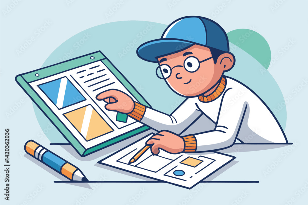 Aufkleber vector illustration of a designer creating digital art on a large tablet in a modern workspace durin