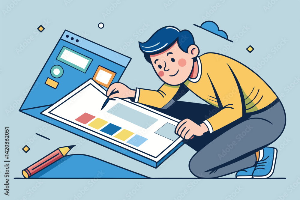 Aufkleber vector illustration of a designer creating digital art on a large tablet in a modern workspace durin