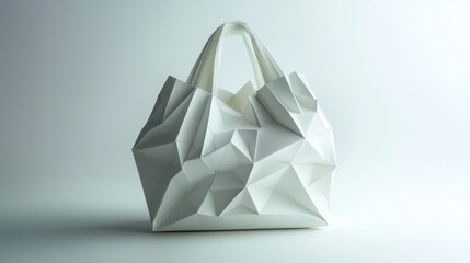 Unique origami-inspired white bag showcasing geometric design in a minimalistic setting