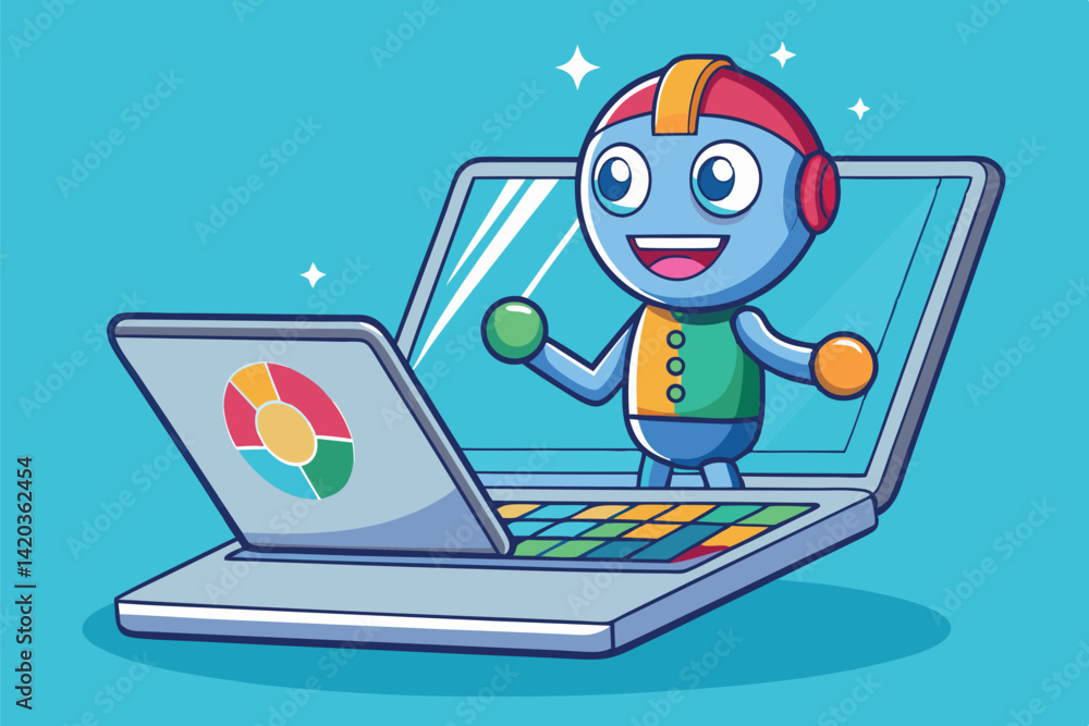 Poster friendly robot character interacting with laptop in a minimal vector illustration that emphasizes jo