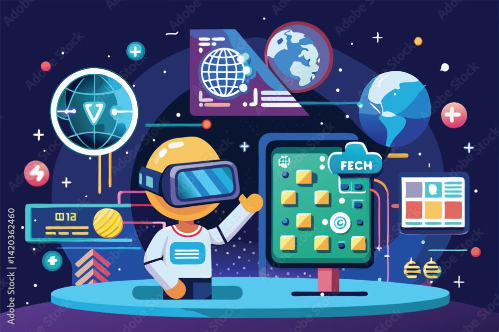 Aufkleber vector illustration of a person using virtual reality technology while interacting with digital data