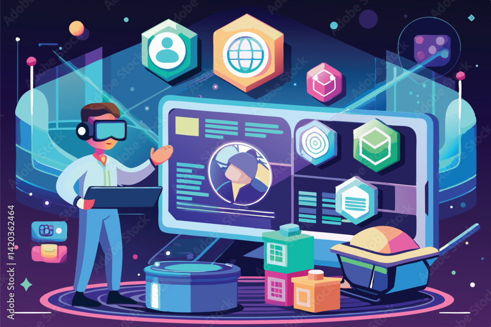 Aufkleber vector illustration of a person using virtual reality technology while interacting with digital data