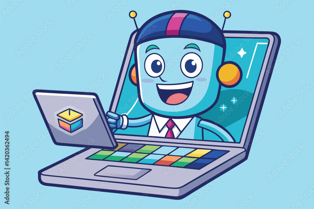 Poster friendly robot character interacting with laptop in a minimal vector illustration that emphasizes jo