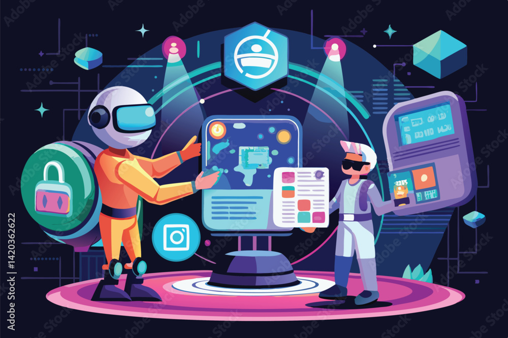 Aufkleber vector illustration of a person using virtual reality technology while interacting with digital data