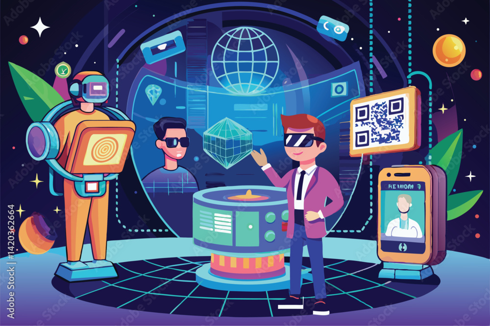Poster vector illustration of a person using virtual reality technology while interacting with digital data