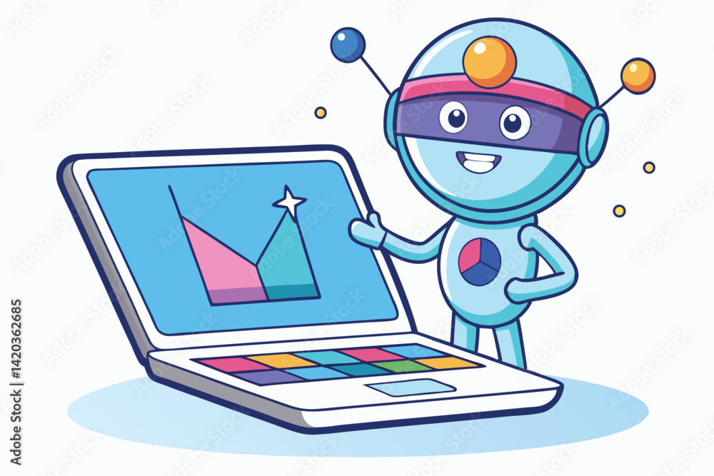 Poster friendly robot character interacting with laptop in a minimal vector illustration that emphasizes jo