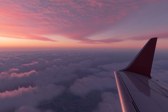 Aerial view of airplane wing and tail fin over colorful clouds at sunrise