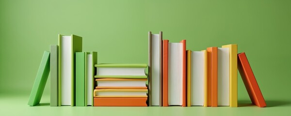 Colorful books stand in line on green background. Books with diverse covers, spines, different shapes showcase education, reading, library. Ideal for bookshop, bookstore promotion, articles about