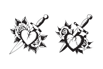 Heart Dagger Rose Tattoo Vector Black Ink Traditional Love and Pain Design