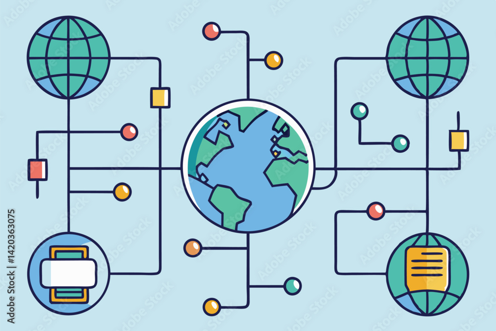 Poster global connectivity represented through minimal vector illustration featuring the earth, data connec