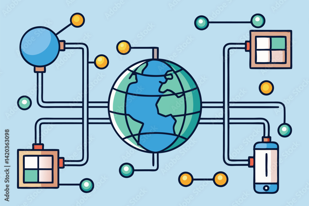 Poster global connectivity represented through minimal vector illustration featuring the earth, data connec