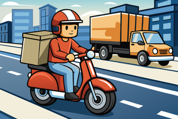 Delivery rider travels through a city street on a red scooter carrying a box, showcasing urban life in a vibrant vector illustration style