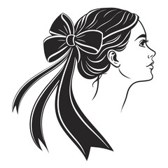 Elegant Black and White Illustration of a Womans Profile with a Large Bow in Her Hair