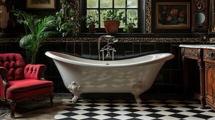 Clawfoot bathtub in vintage bathroom with checkered floor, red armchair, plants, and artwork