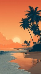 Vibrant tropical beach sunrise illustration featuring silhouetted palm trees and softly crashing ocean waves on a serene shore