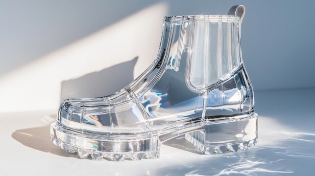 Clear rain boot displayed in natural light showcasing modern design and unique material for trendy footwear lovers