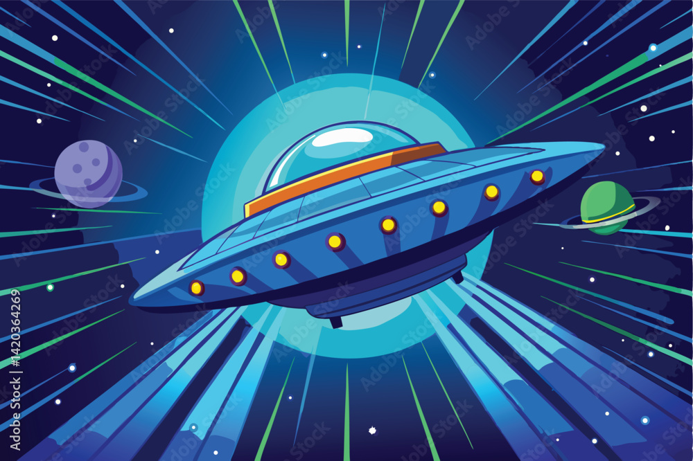 Poster creative vector illustration of a spaceship traveling through space with colorful planets and stars 