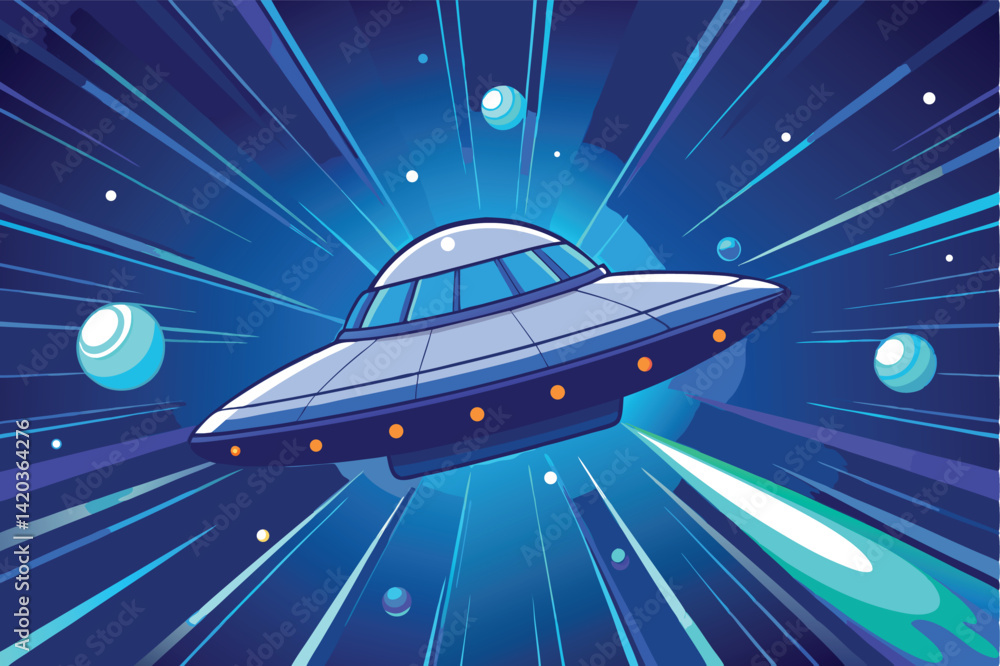 Poster creative vector illustration of a spaceship traveling through space with colorful planets and stars 