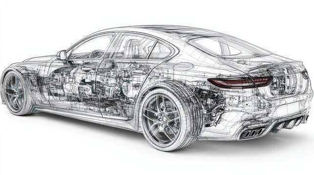 Car blueprint revealing internal parts on white background