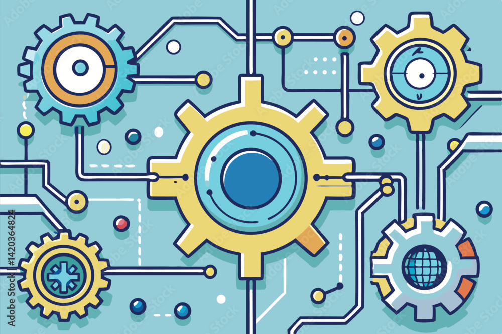 Poster abstract illustration of interconnected gears and circuits in a minimal vector style, showcasing a s