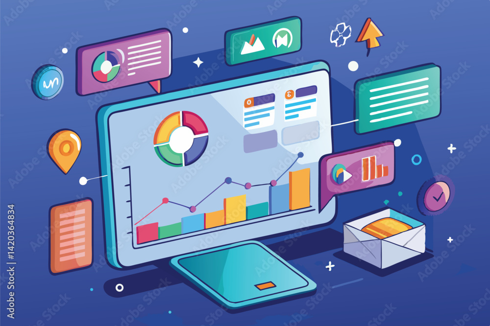 Poster creative minimal vector illustration of data analytics on a laptop with graphs and communication ico