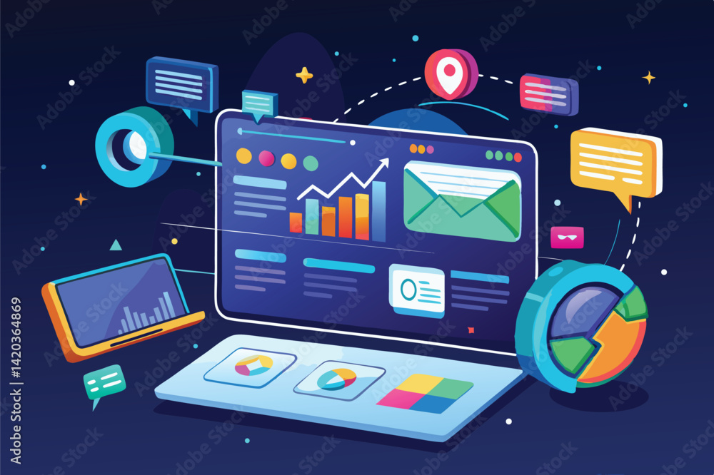 Poster creative minimal vector illustration of data analytics on a laptop with graphs and communication ico