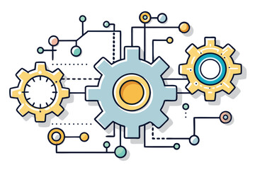 Abstract illustration of interconnected gears and circuits in a minimal vector style, showcasing a seamless blend of engineering and technology concepts in a contemporary design